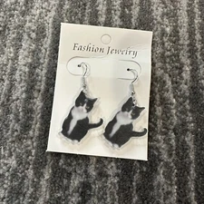 Tuxedo Cat Earrings Dangle Drop Black & White Cute Kitten Acrylic Cat Lady Gift