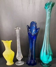 4 Hand Blown Art Glass Vases Swoop Neck Slung Cobalt Blue Turquoise Yellow Clear