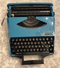 Smith Corona Super-G Ghia Portable Typewriter Racing Stripe Aqua Turquoise Vtg thumbnail
