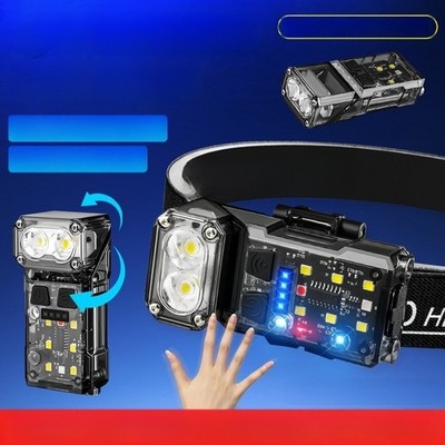 LED Stirnlampe mit für typ C Schnellladung und blauen seitlichen Sicherheitsleuc