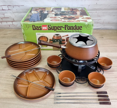 Vintage Fondue Set für 6 Retro deutsche BEKA Keramik Töpfe, Teller, Drehständer
