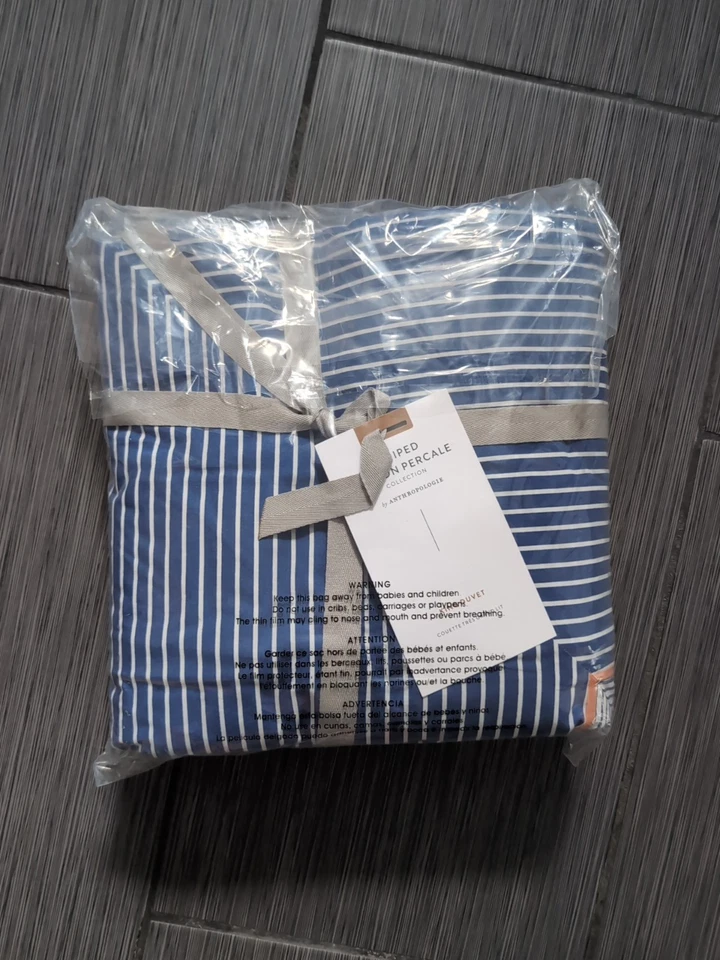 Funda nórdica Anthropologie Livia a rayas algodón percal azul blanco naranja KING NUEVA CON ETIQUETAS Foto 4 de 4