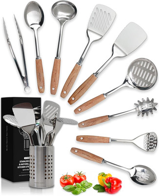 Stainless Steel Kitchen Utensils Set - Wood Handle Nonstick Stainless Steel Cook
