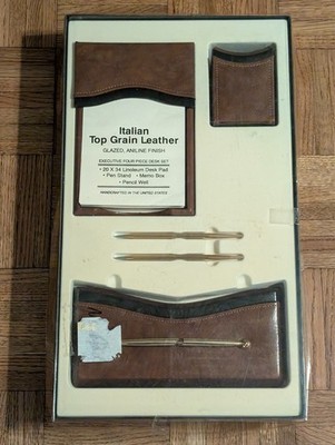 Vtg Executive 4 Piece Desk Set - Italian Top Grain Leather