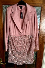 BNWT Ladies BOOHOO Soft BLUSH PINK VELVET SEQUIN Contrast BLAZER PARTY Dress 14
