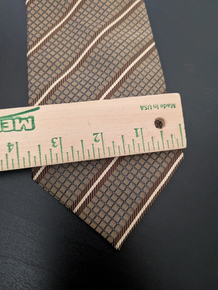 Vitaliano Pancaldi 100% Silk Tie Geometric Brown Gold Tam Stripe Check Italy 60" - image 3 of 4