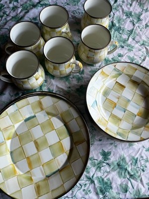 RARE MacKenzie -Childs Parchment Check Enamel Set   6 Mugs, 10 Bowls, 10 Plates