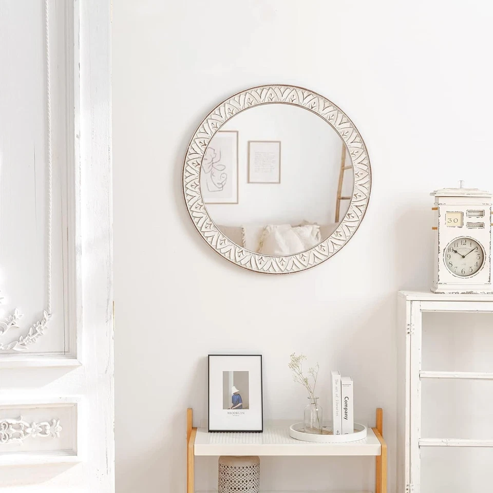 Espejo de pared redondo de 30", espejos circulares con marco de madera de granja, rústico grande de... Foto 2 de 4