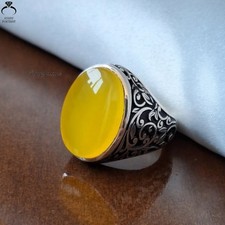 Yellow Aqeeq Ring 925 Silver Natural Yemeni Agate Islamic Men’s Jewelry