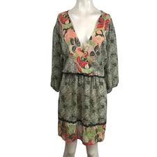 Lane Bryant Women 26/28 Tropical Floral Chiffon Dress Olive Green Coral V-Neck