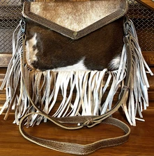 Myra Cowhide Leather Calfhair Crossbody Bag Edgy Fringe Western Boho Handbag