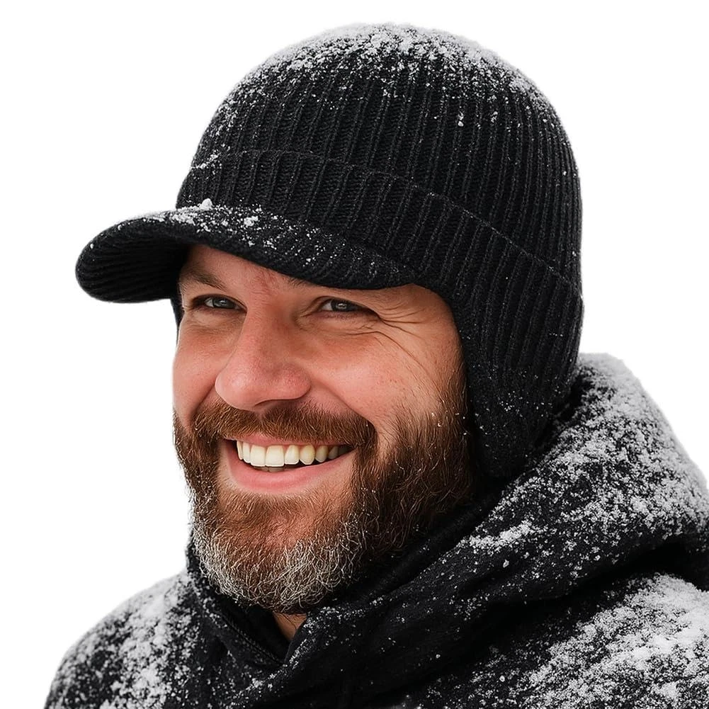 Plus Size M/L/XL/XXL Waterproof Merino Wool Beanie Hat with Brim Ear Flaps Fl...