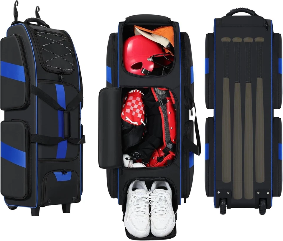 Bolsa de beisebol grande rolante com rodas, bolsa de equipamentos para apanhador de softbol para 4 tacos, porta - Imagem 3 de 4