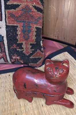 Antique SouthEastAsia Dark Red Rare Wood Folk Art Cat Box 