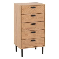 Leon Oak Retro 5 Drawer Tallboy Narrow Chest of Drawers Bedroom Storage