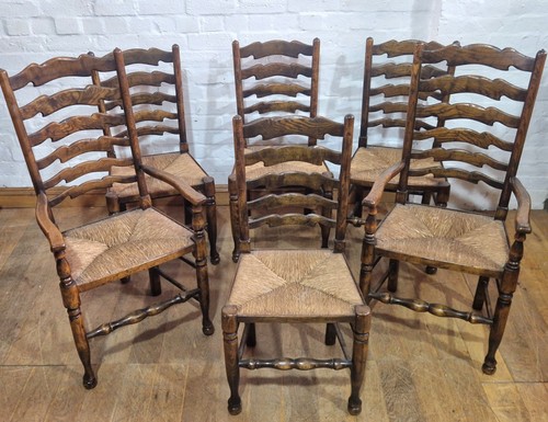 Antique vintage farmhouse set of 6 ladderback oak kitchen / dining chairs - Picture 6 of 24