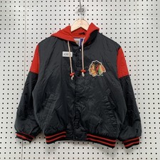 Vintage 90s Chicago Blackhawks NHL Snap Jacket Youth Size 10/12 Black Red Hooded