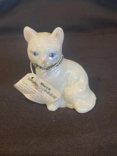 Fenton Signed Birthstone Cat Figurine  March, With Tags