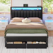 Queen Bed Frame with Charging Station and LED Lights, Grey Upholstered Headboard
