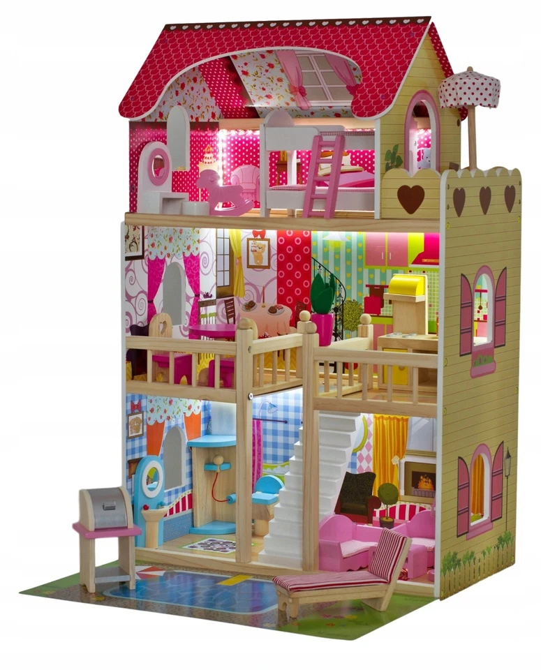 Gigante Casa Casetta delle Bambole h 90cm in Legno con Mobili e Luci a Tre Piani - Immagine 4 di 4