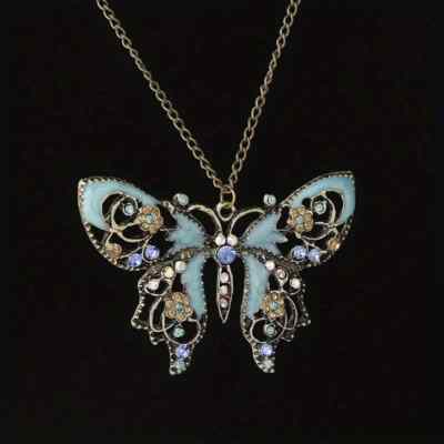 Rhinestone Colorful Big Butterfly Pendant Necklace Women Girls Unique Party Gift