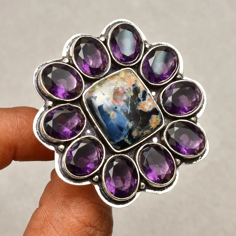 Anillo de joyería hecho a mano de plata de ley 925 con piedras preciosas de pietersita 6 Foto 2 de 4