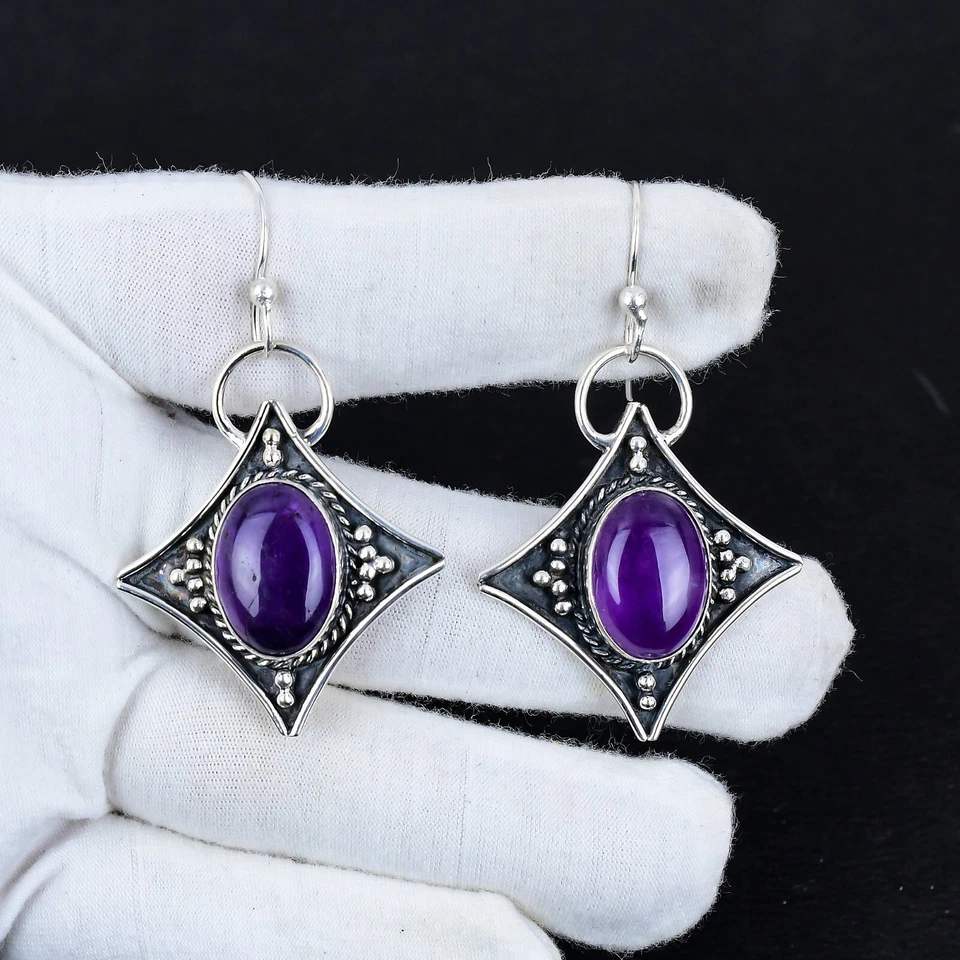 Ametista Gemma 925 Argento Sterling Mano Gioielli Orecchino Regalo per Lei - Immagine 2 di 4