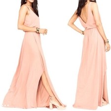 Show Me Your MuMu V-neck Nude Pink Chiffon Side Slit Maxi Bridesmaids Dress Sz L