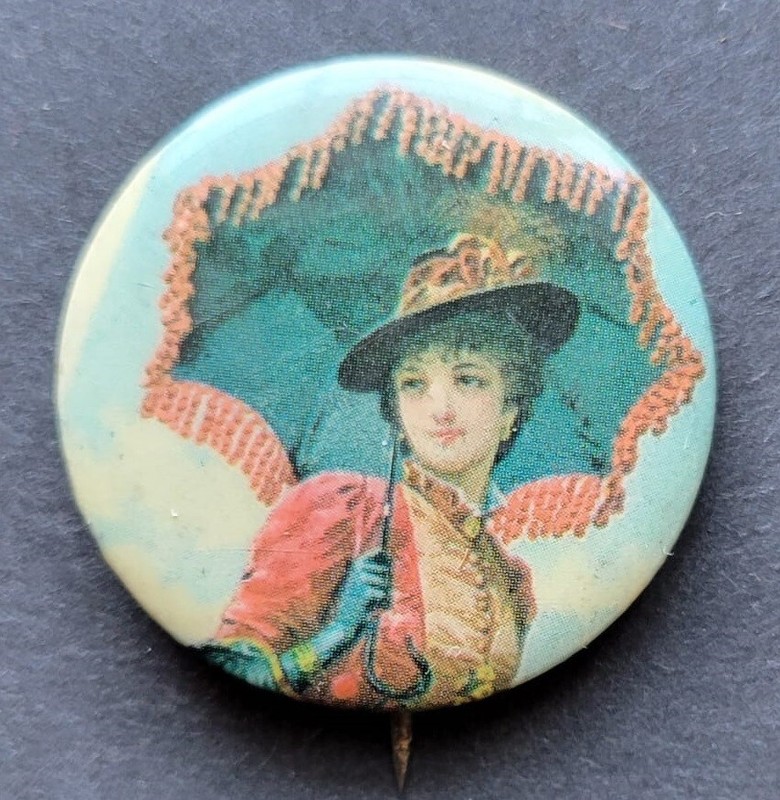 Portrait of a Victorian Woman with Umbrella. Pinback Button. 1.5". Vintage. 1965