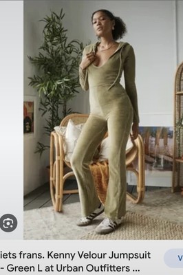 iets Frans UO Womens Loungewear Kenny Velour khaki plunge neck hooded jumpsuit S