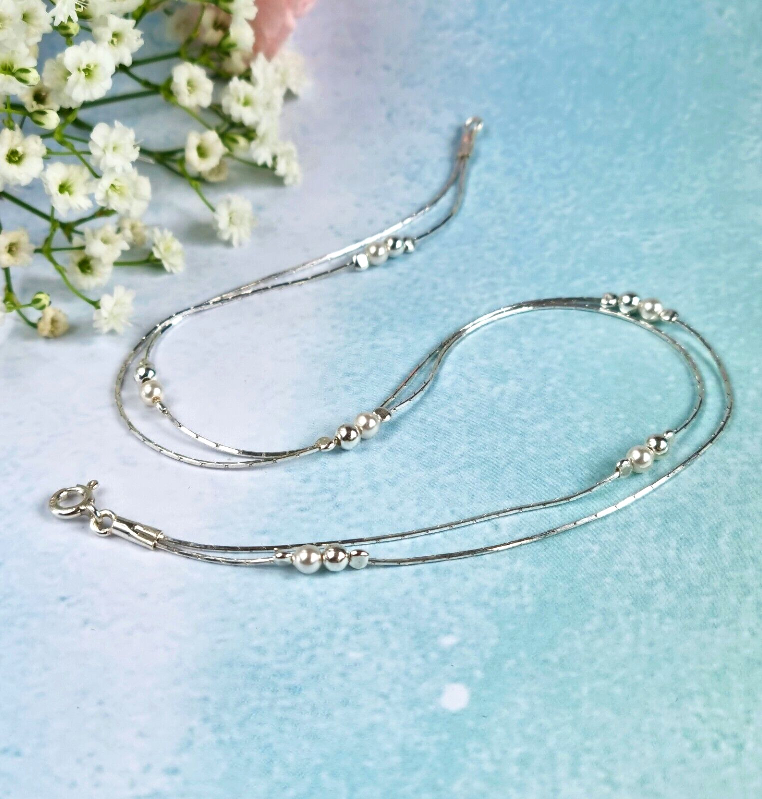 PEARL ANKLET 925 Sterling Silver double Chain Ankle Bracelet Wedding Bridesmaid