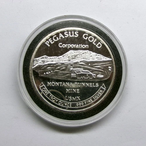 1987 Pegasus Gold Montana Tunnels Mines 1 Oz .999 Silver Proof Round