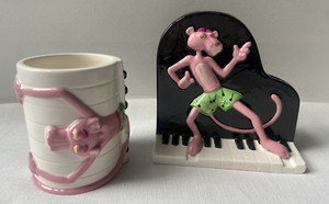 Vtg 1998 Ceramic Pink Panther Toothbrush Holder Cup Tumbler Set Piano Cartoon