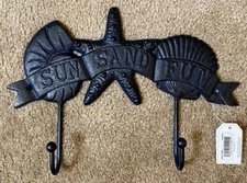 Sun Sand Fun Cast Iron Wall Key 2 Hooks Beach Shell Starfish Dark Blue Metal NEW