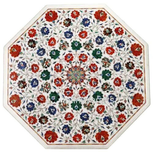 Octagon Marble Hallway Center Table Top Multicolor Stone Inlay Work Dining Table