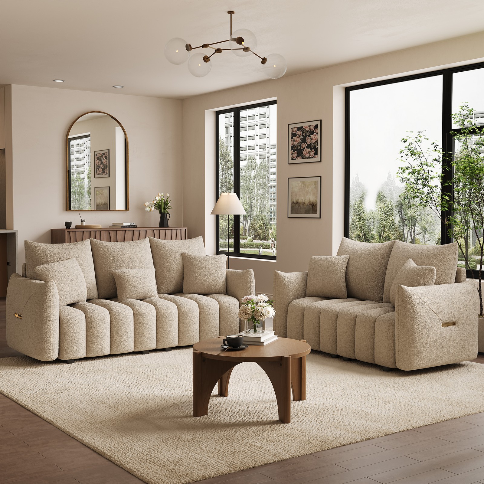 Modern 3 Piece Living Room Set 81" Sofa 56" Loveseat & Round Coffee Table