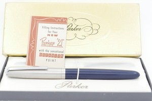 Parker 21 Blue w/Stainless Steel Cap Fountain Pen In Box - c. 1940's - Fine Nib