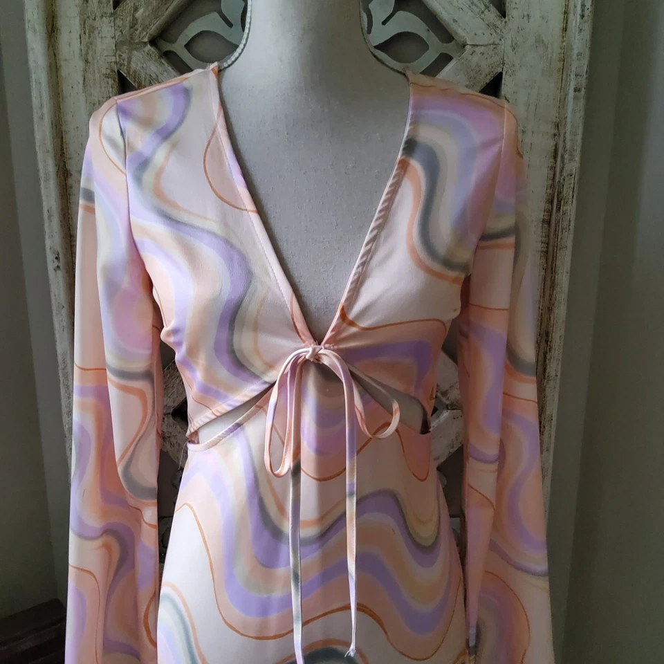 Nuevo Vestido Midi Topshop Satinado Recortado Estampado Mármol Abierto Corbata Espalda Talla 4 Foto 3 de 4