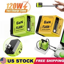 2 in 1 Gan Charger Type C/L , 120W Compatible Fast, Retractable Wall NEW