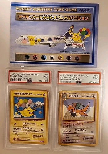Pokemon Japanese PSA9 ANA Promo FLYING PIKACHU #25 & FLYING DRAGONITE #149 1998