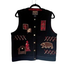 Woolrich Vest Black Wool Bear Tree Patches Womens Size Small Lumberjack Outdoors
