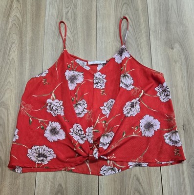 Lush Spaghetti Strap Cropped Blouse Womens Sz XL, Front Knot Accent, Red Floral
