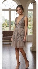 Maya Deluxe Womens Tulle Dress Size 8 Beige Sequin Party Prom Cocktail NWT