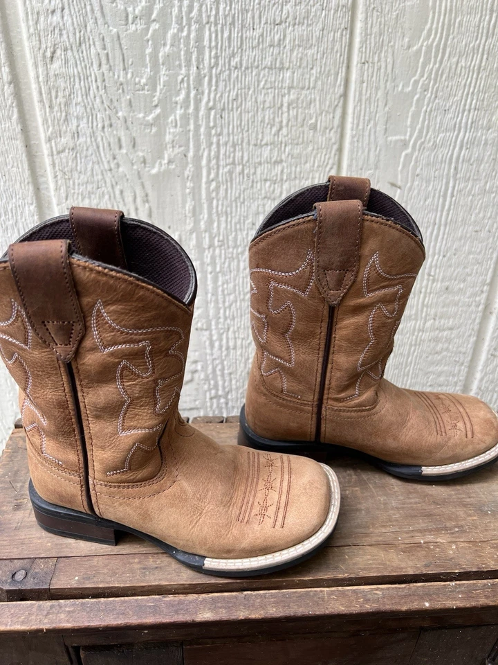 Botas Roper Talla 1 Jóvenes Niños Marrón Vaquero Western Bordado Puntera Cuadrada Pull On Foto 3 de 4