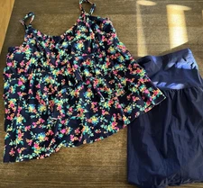 Island Escape Plus Size Tankini Swimuit Set 24W Floral Top & Navy Swim Skirt