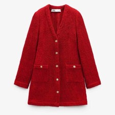 ZARA Textured Weave Jacket Dress Gold Buttons Burgundy Red Bloggers Size M