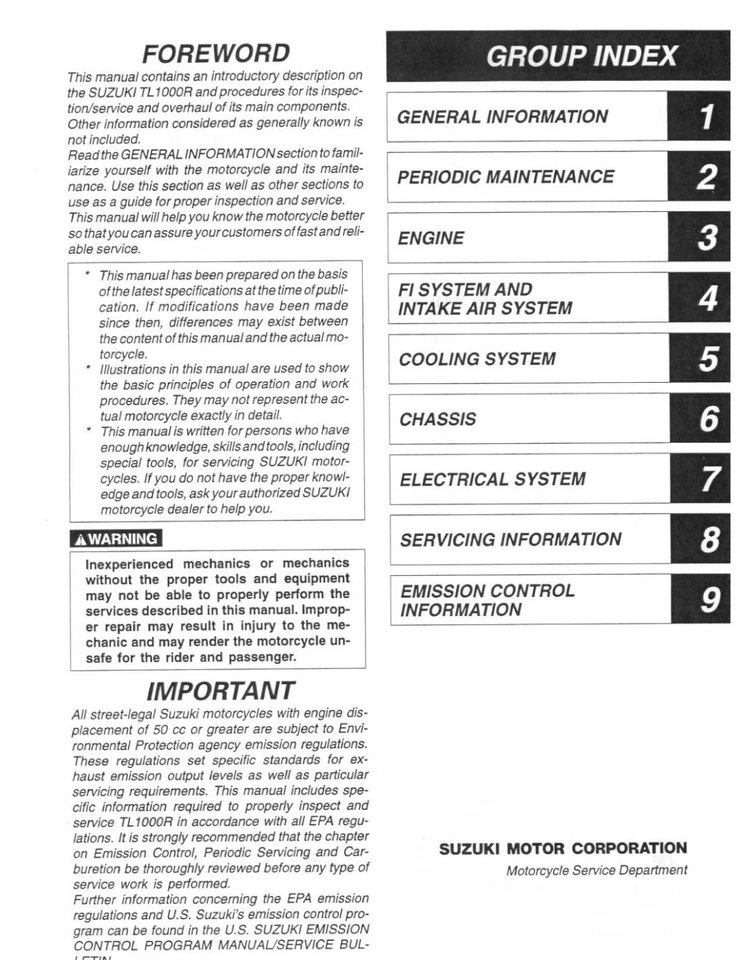 Manual de reparación de taller de servicio de papel impreso de 3 orificios 1998-2002 Suzuki TL1000R TL1000 Foto 2 de 4