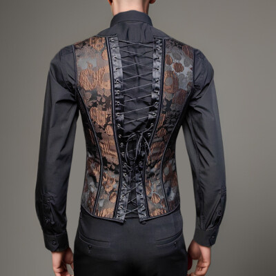 Mens Brown Corset Dress Waistcoat Vintage Lace Up Boned