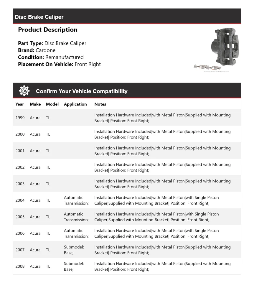 Pinza de freno de disco delantera derecha Cardone 2000 2001 2002 para Acura TL 1999-2008 Foto 2 de 4