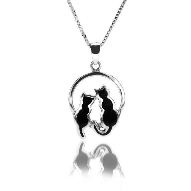 Pure Origins Sterling Silver 925 Black Enamel Cat Duo Pendant Necklace